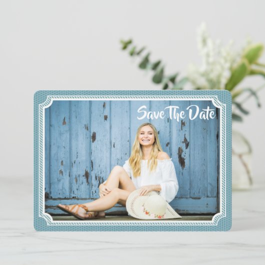 Afstuderen Foto  Blauw opslaan Datum Save The Date (Staand voorkant)