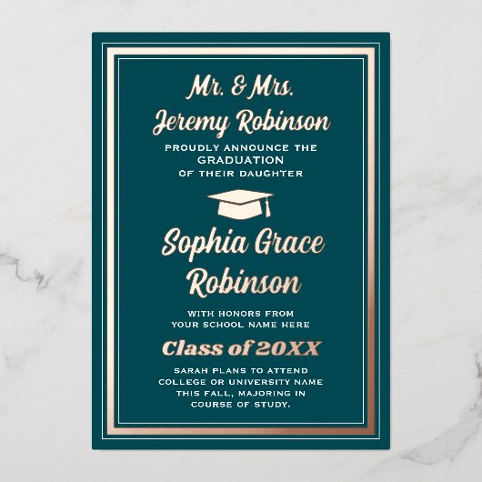 Afstuderen Foto Blauwgroen & Folie Afstuderen Aank Folie Uitnodiging (Voorkant)