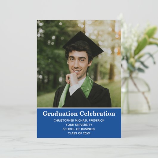 Afstuderen Foto Blue White College Graduing Kaart (Staand voorkant)