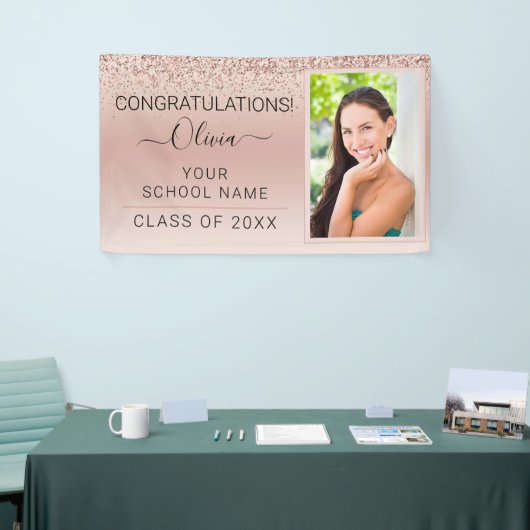 Afstuderen Foto Blush Pink Glitter Class of 2022 Spandoek (Beurs)