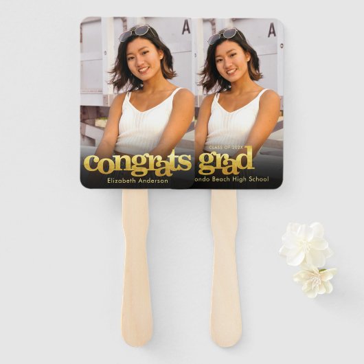 Afstuderen foto chic simpel modern goud keepslag handwaaier (Voorkant en achterkant)