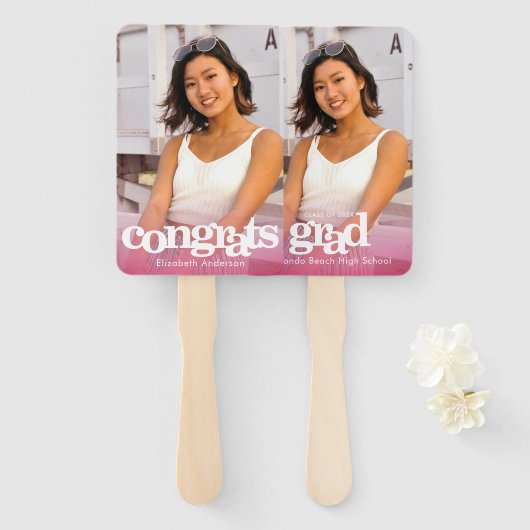 Afstuderen foto chic simpel modern roze keepslag handwaaier (Voorkant en achterkant)