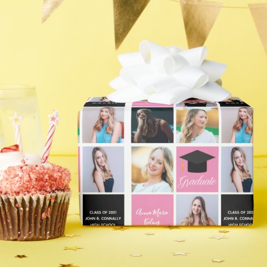 Afstuderen Foto Collage 2023 Chic Pink Aangepast Cadeaupapier (Verjaardagsfeest)