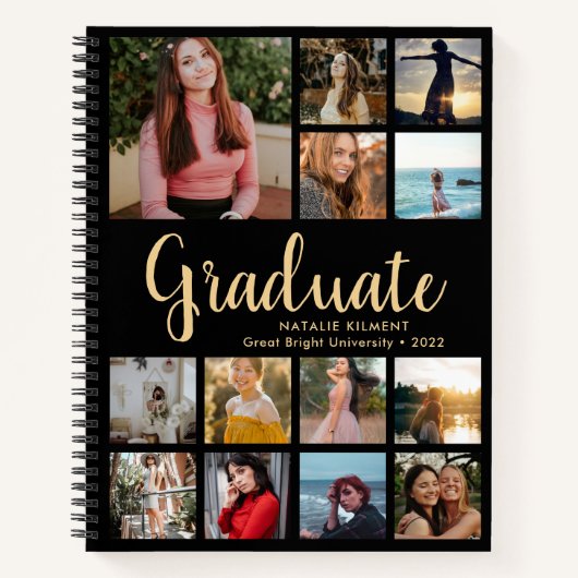 Afstuderen Foto Collage Afstuderen Black en Gold Notitieboek (Voorkant)