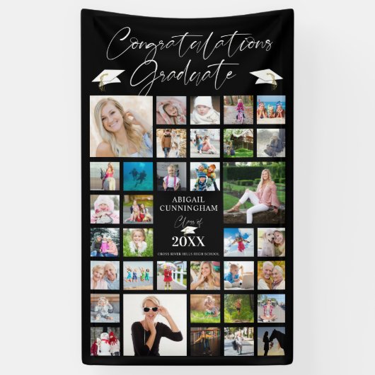 Afstuderen Foto Collage Chic Script Black Spandoek (Verticaal)