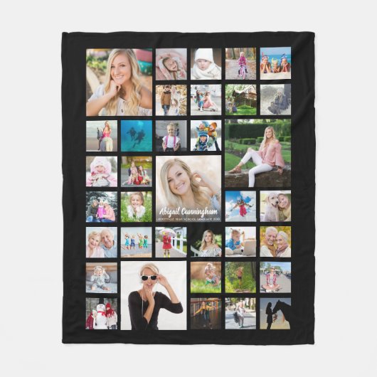Afstuderen Foto Collage Chic Script Name Black Fleece Deken (Voorkant)