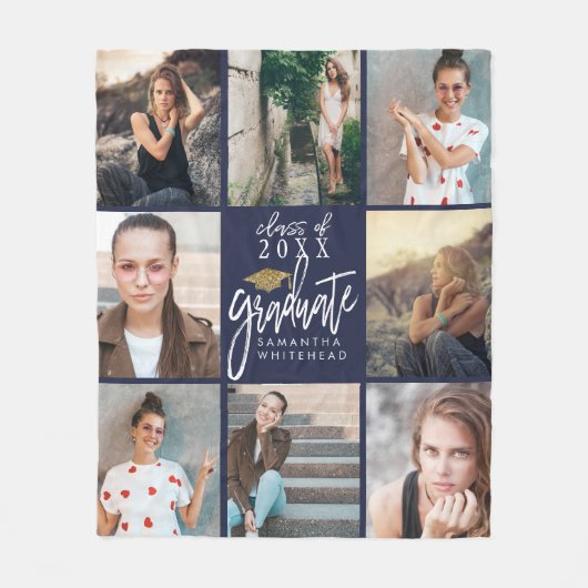 Afstuderen Foto Collage Gold Glitter Pet Navy Blue Fleece Deken (Voorkant)