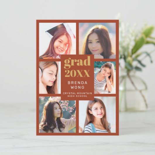 Afstuderen Foto Collage Gold White Script Oranje Aankondiging (Staand voorkant)