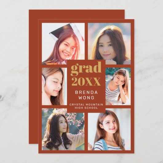 Afstuderen Foto Collage Gold White Script Oranje Aankondiging (Voorkant / Achterkant)