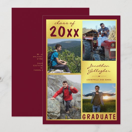 Afstuderen Foto Collage Script Name Maroon Gold Aankondiging (Voorkant / Achterkant)