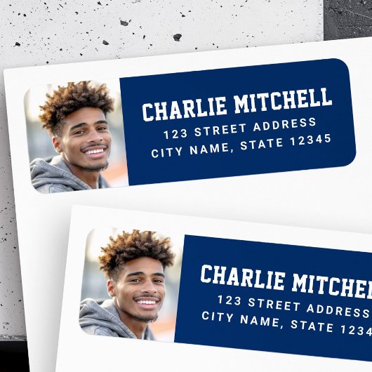 Afstuderen foto college font blauw retouradres etiket