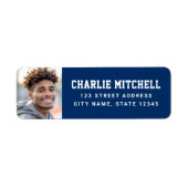 Afstuderen foto college font blauw retouradres etiket (Voorkant)