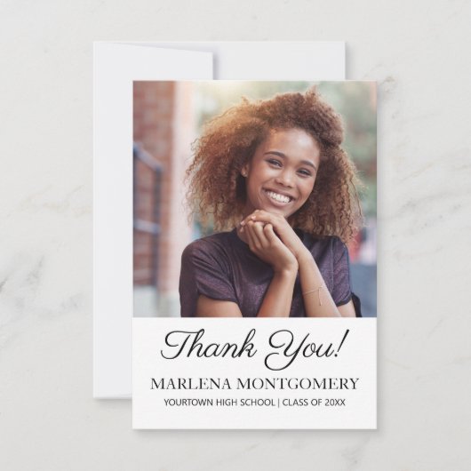 Afstuderen Foto Dank u Elegant Script White Bedankkaart (Voorkant)