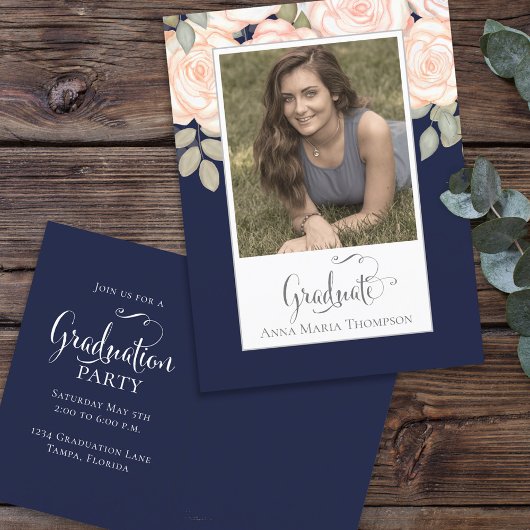 Afstuderen Foto Elegant Modern Floral Navy Blue Briefkaart