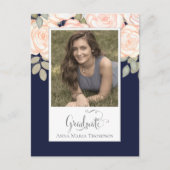 Afstuderen Foto Elegant Modern Floral Navy Blue Briefkaart (Voorkant)