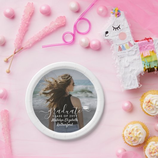 Afstuderen Foto & Elegant White Script Class Year Papieren Bordje (Feest)