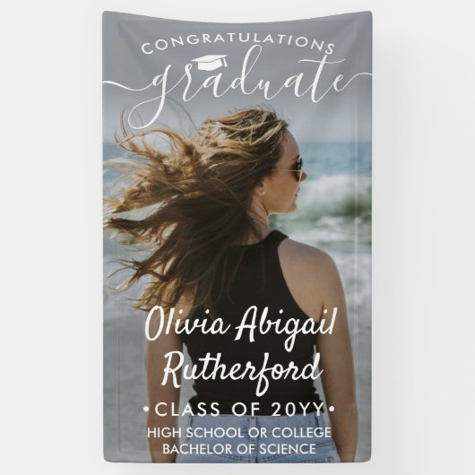 Afstuderen Foto & Elegant White Script Class Year Spandoek (Verticaal)