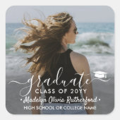 Afstuderen Foto & Elegant White Script Class Year Vierkante Sticker (Voorkant)