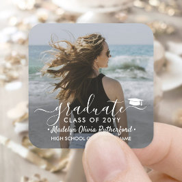 Afstuderen Foto & Elegant White Script Class Year Vierkante Sticker
