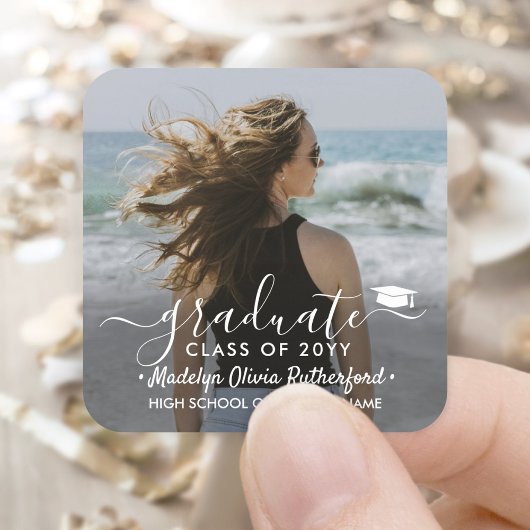 Afstuderen Foto & Elegant White Script Class Year Vierkante Sticker