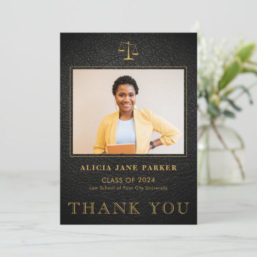 Afstuderen foto elegant zwart goud bedankkaart (Staand voorkant)