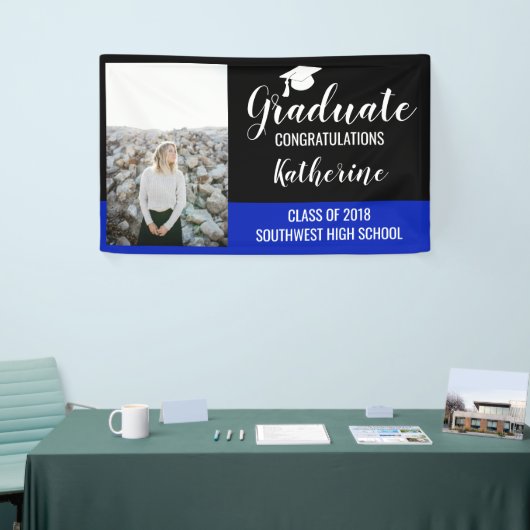 Afstuderen Foto Gefeliciteerd Black Blue Spandoek (Beurs)