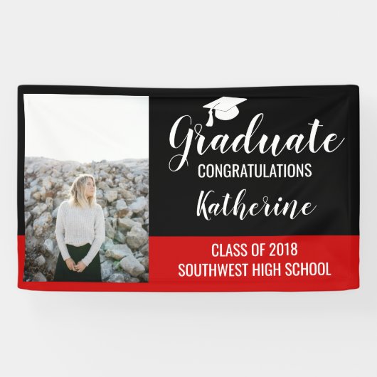 Afstuderen Foto Gefeliciteerd Black Red Spandoek (Horizontaal)