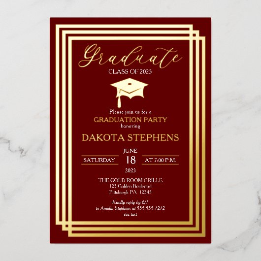 Afstuderen Foto Geometric Maroon Graduation Party Folie Uitnodiging (Voorkant)