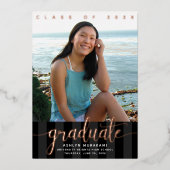 Afstuderen foto girale script zwart echt roos goud folie uitnodiging (Voorkant)