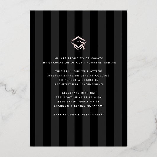 Afstuderen foto girale script zwart echt roos goud folie uitnodiging (Achterkant)