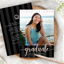 Afstuderen foto girale script zwart echt roos goud folie uitnodiging