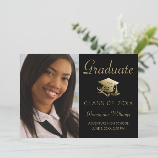 Afstuderen Foto Gold Afstudeerder Pet Diploma Blac Aankondiging (Staand voorkant)