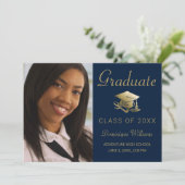 Afstuderen Foto Gold Afstudeerder Pet Diploma Blue Aankondiging (Staand voorkant)