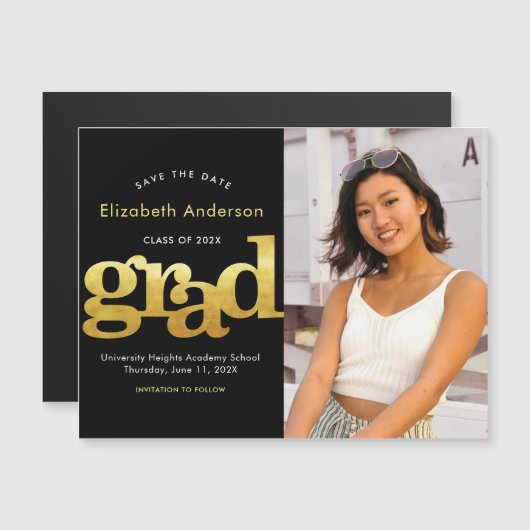 Afstuderen Foto Goud Zwart Typografie Save Date Magnetische Uitnodiging (Voorkant / Achterkant)