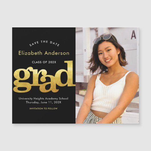 Afstuderen Foto Goud Zwart Typografie Save Date Magnetische Uitnodiging (Voorkant)