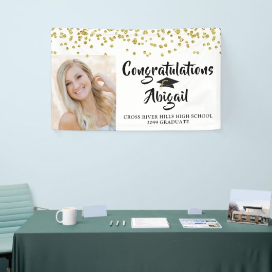 Afstuderen Foto Gouden Confetti Brush Script Spandoek (Beurs)
