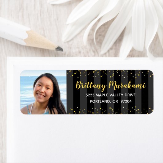 Afstuderen foto gouden script zwart strepen adres etiket (Insitu)