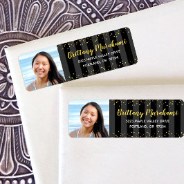 Afstuderen foto gouden script zwart strepen adres etiket