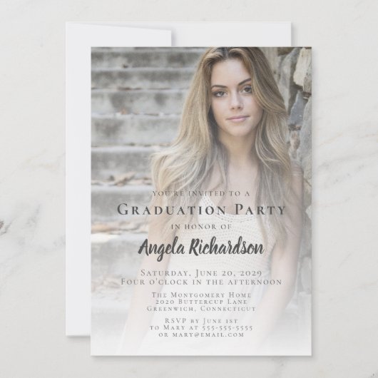 Afstuderen Foto grijs script Typografie Party Kaart (Voorkant)