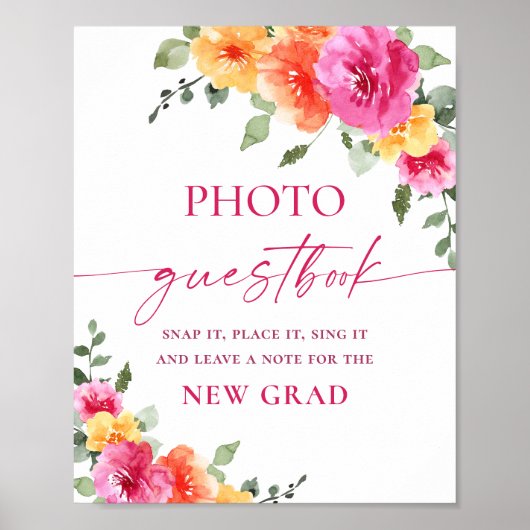 Afstuderen Foto Guestbook Bright Floral Sign Poster (Voorkant)