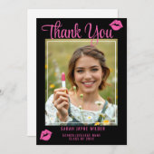 Afstuderen Foto Hot Pink Lips Class Jaar Zwart Bedankkaart (Voorkant / Achterkant)