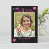 Afstuderen Foto Hot Pink Lips Class Jaar Zwart Bedankkaart (Staand voorkant)