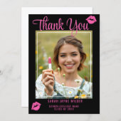 Afstuderen Foto Hot Pink Lips Class Jaar Zwart Bedankkaart (Voorkant / Achterkant)