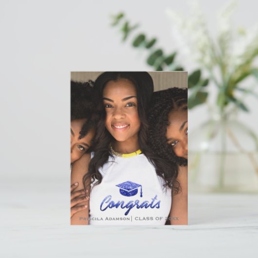 Afstuderen Foto Klasse Jaarnaam Royal Blue Glitter Briefkaart (Staand voorkant)