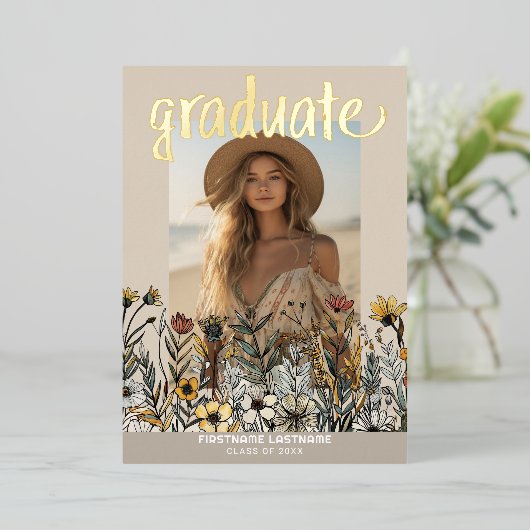 Afstuderen Foto Kleurrijke Bloemen - Afstudeerder  Folie Uitnodiging (Staand Voorkant)