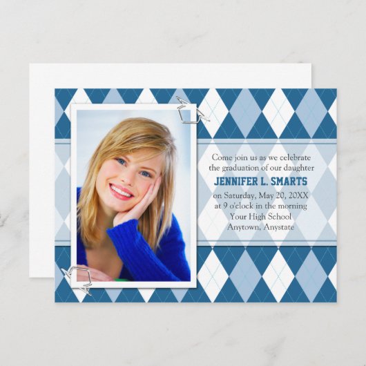 Afstuderen Foto kondigt argyle Pattern aan Uitnodiging Briefkaart (Voorkant / Achterkant)