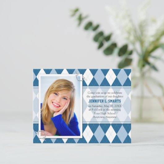 Afstuderen Foto kondigt argyle Pattern aan Uitnodiging Briefkaart (Staand voorkant)