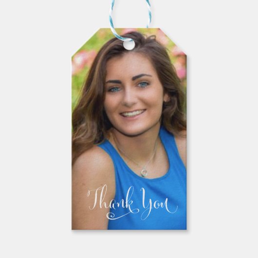 Afstuderen Foto legant Bedankt Blauwgroen script Cadeaulabel (Voorkant)