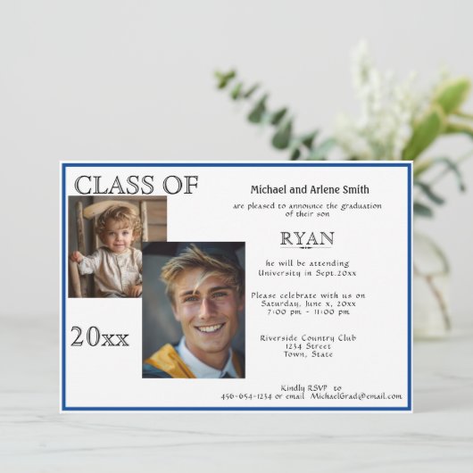 Afstuderen foto marineblauw & wit kaart (Staand voorkant)