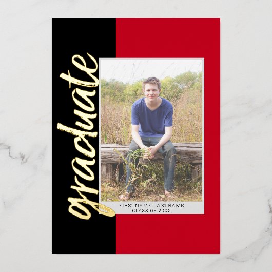 Afstuderen Foto met modern script, rood zwart Folie Uitnodiging (Voorkant)